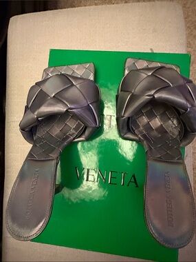 Bottega Veneta Iridescent Purple Braided Slide Sandals